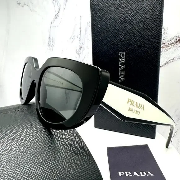 New PRADA Sunglasses Black White Talc Gold Symbole Oval Cat Eye Womens - Picture 14 of 16